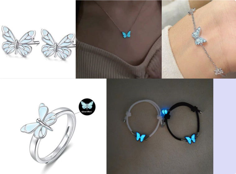 Fashion Blue Luminous Butterfly Necklace Bracelet Set For Glow In The Dark Women Clavicle Chain Choker Party Jewelry Set Gift