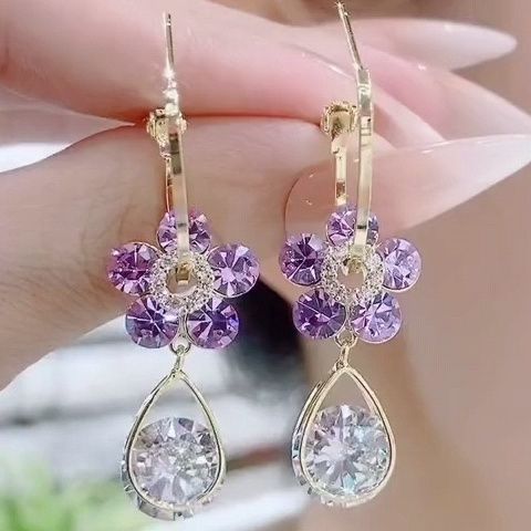 S925 Silver Needle Purple Crystal Flower Earrings