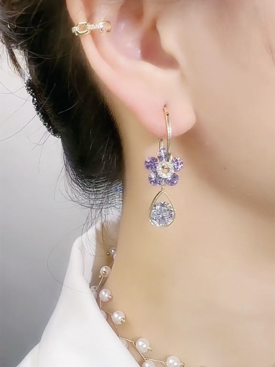 S925 Silver Needle Purple Crystal Flower Earrings